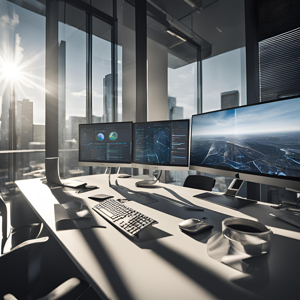 three monitors on a desk in front of a window